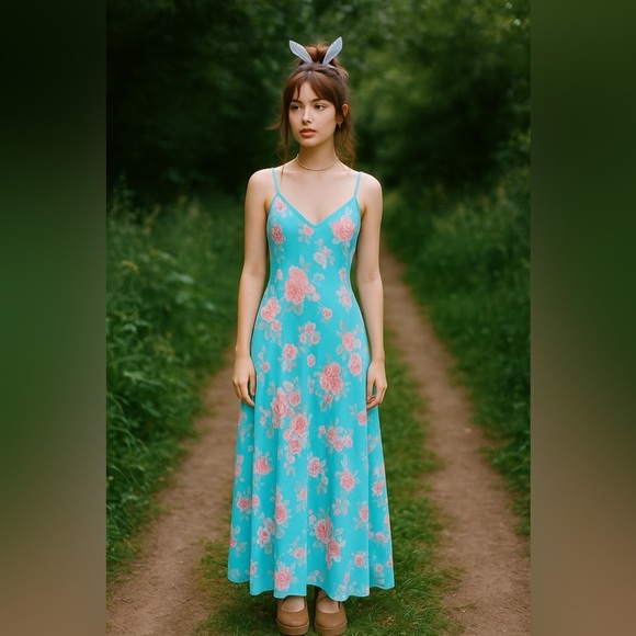 Vintage La Vie en Rose Blue Floral Y2K 90s Slip Style Maxi Dress Size L - Picture 2 of 13